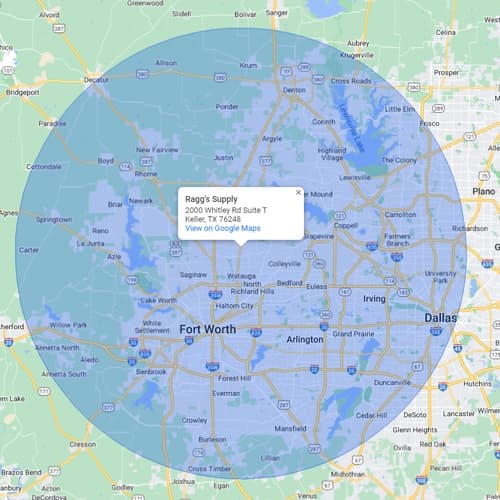 dfw map highlighting 30 mile radius delivery service